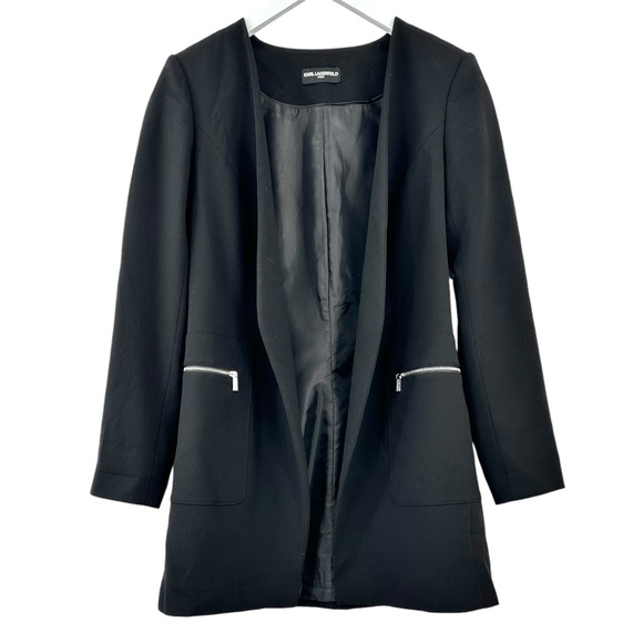 Karl Lagerfeld Jackets & Blazers - Karl Lagerfeld Black Lapelless Blazer Style Zip Pocket Minimalist Longline Coat